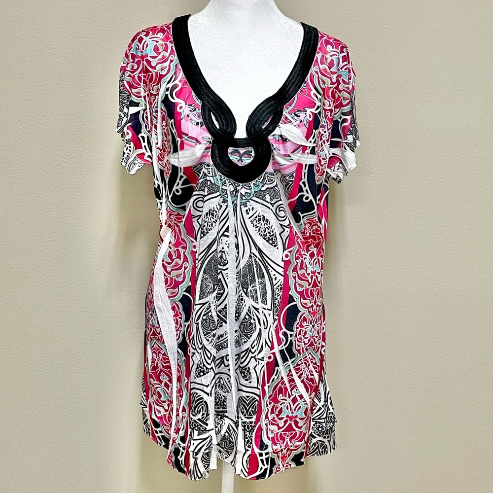 Moroccan Floral Contrast Trim Short Sleeve Tunic